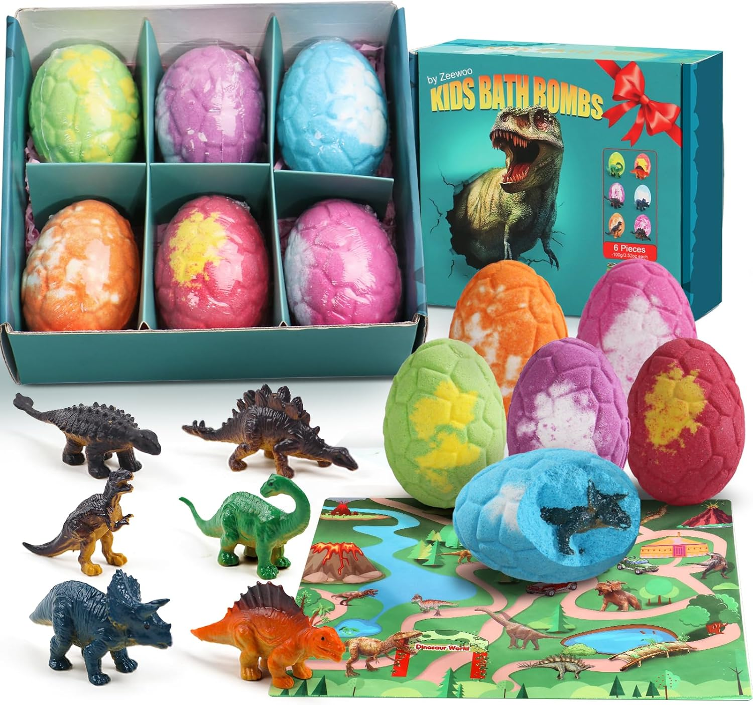 Bath Bombs for Kids with Surprise Inside, 6 Pack Big Kids Bath Bombs Gift Set, Organic Bubble Bath Fizzies with Dinosaur Egg Toys & Dinosaur Themed Mat, Birthday Gifts for Boys, Girls 3 4 5 6 7 8 9