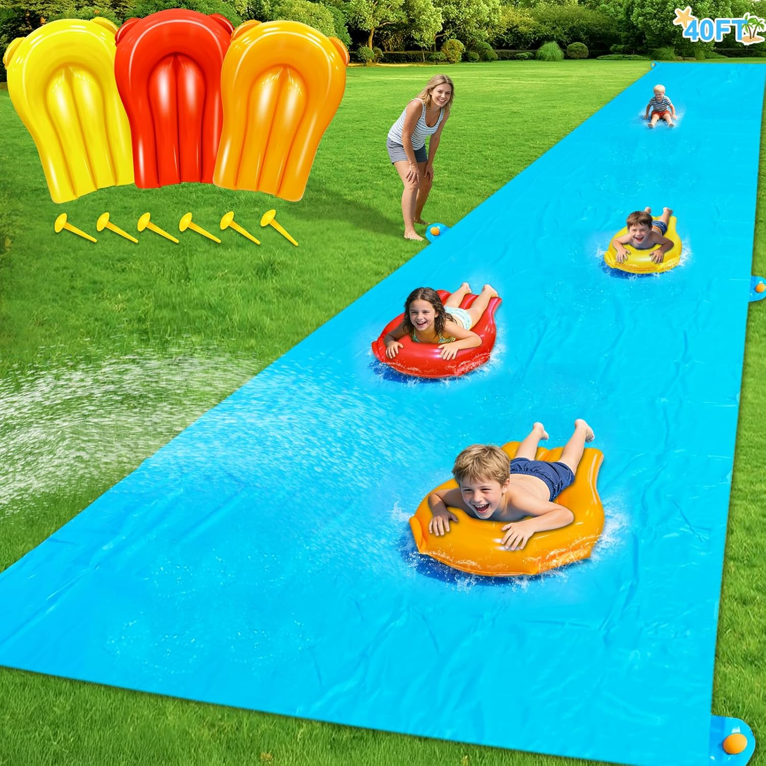 40 * 7Ft Extra Long N Width Slip Water Slide Heavy Duty Lawn Water Slides and 3