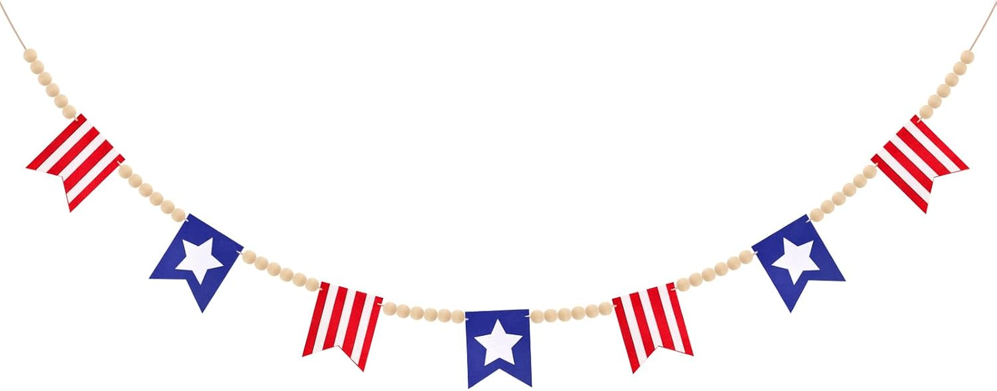 Dqwtb 4Th of July Patriotic Garland with Wood Beads, Red White Blue Felt Flag Bunting Banner Memorial Day Independence Day Decor for Farmhouse Mantel Wall Shelf Party