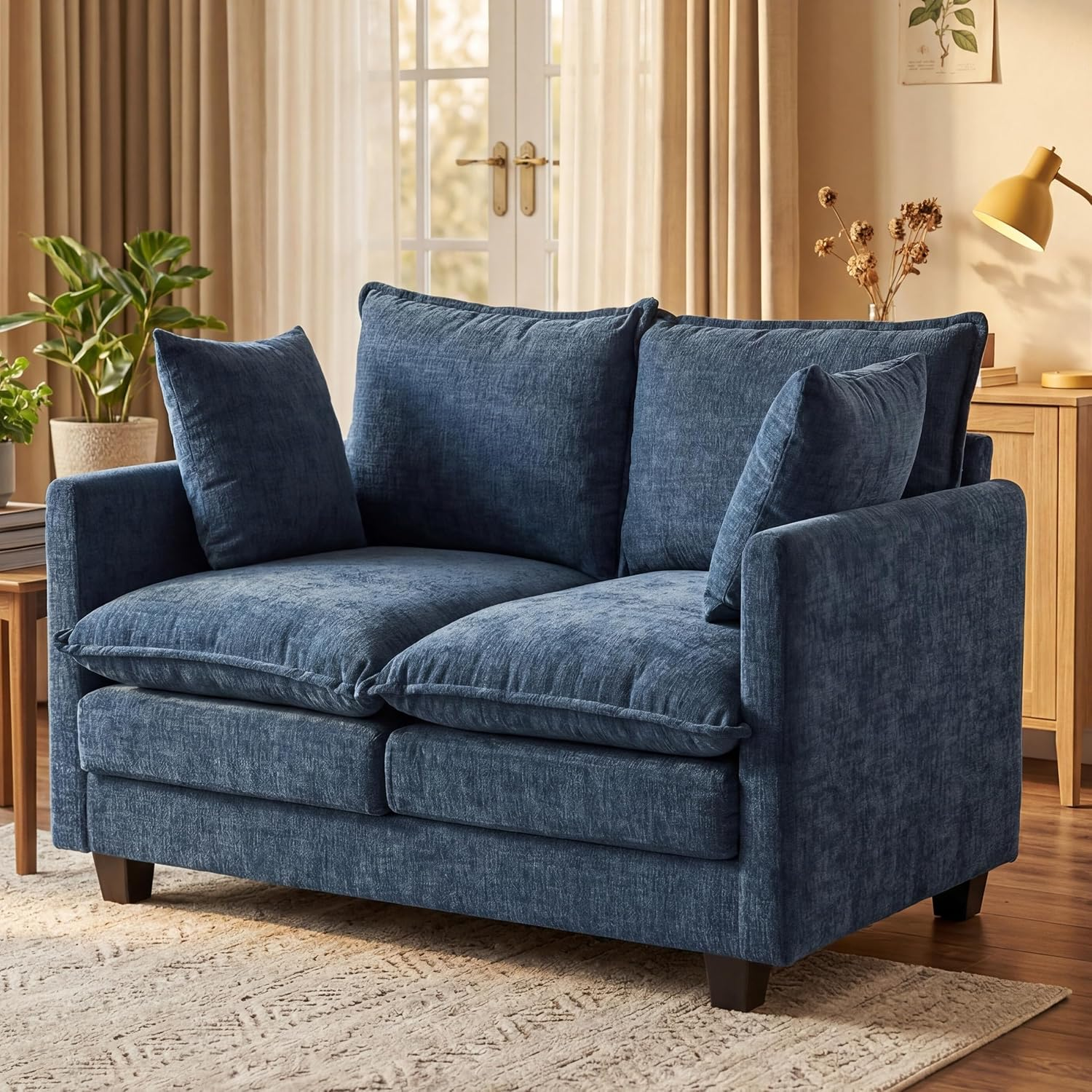 Loveseat Sofa with Cloud 3-Layer Cushion & 27" Deep Seat, Modern Small Couch with 2 Washable Pillows for Small Spaces, Bedroom, Apartment, Office, Living Room, in a Box, 50-Inch Blue