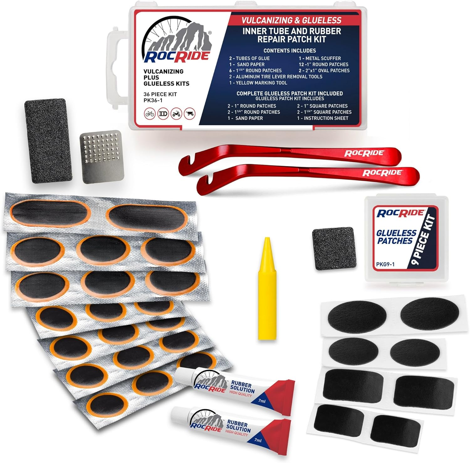 Rocride 36-PC Bike Inner Tube Repair Kit. Includes Vulcanizing and Self Adhesive Bike Tire Patch Kit with Metal Tire Levers