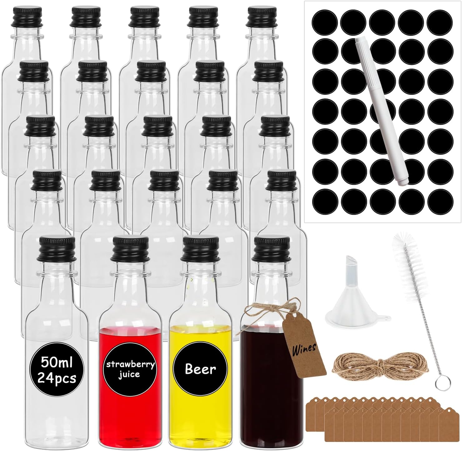 [24 Pack] Miniature Alcohol Bottles 50Ml, Small Empty Plastic Bottle with Black Screw Capsfor Sloe Gin Sauce Wine Syrup Oil Liquids, Mini Liquor Shots Bottles with Funnel Labels