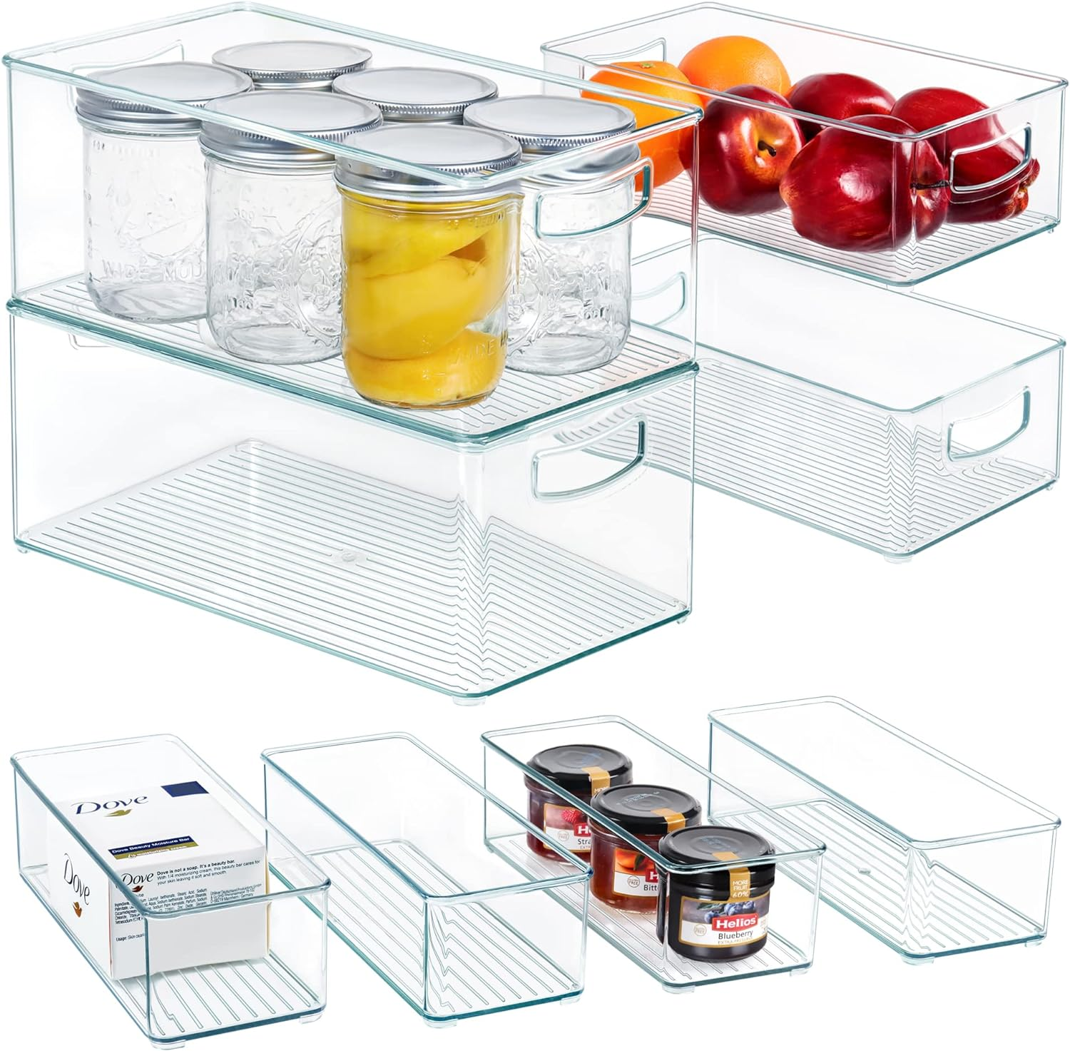 8 PACK Stackable Pantry Organizer Bins (3 Sizes) - Clear Fridge Organizers for Kitchen, Freezer, Countertops, Cabinets - Plastic Food Storage Container with Handles for Home and Office