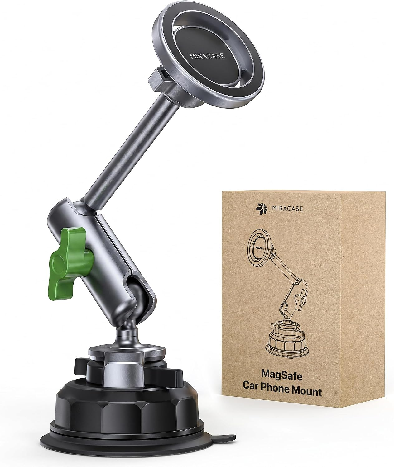 Heavy Duty Aluminum Alloy Car Phone Holder for Magsafe, CNC Machined Metal Arm W/Friction Lock Joint & Large Vacuum Suction Cup, 360° Rotatable Windshield Holder for Iphone & All Smartphones