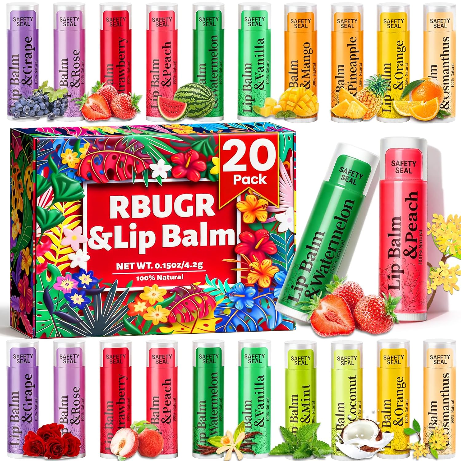 20 Pack Lip Balm - 12 Flavored Natural Moisturizing Hydrating Lip Balm Bulk Set for Dry Cracked Lips, Valentines Gifts for Women & Party Favors Mini Balm Pack (4.2G/0.15Oz)