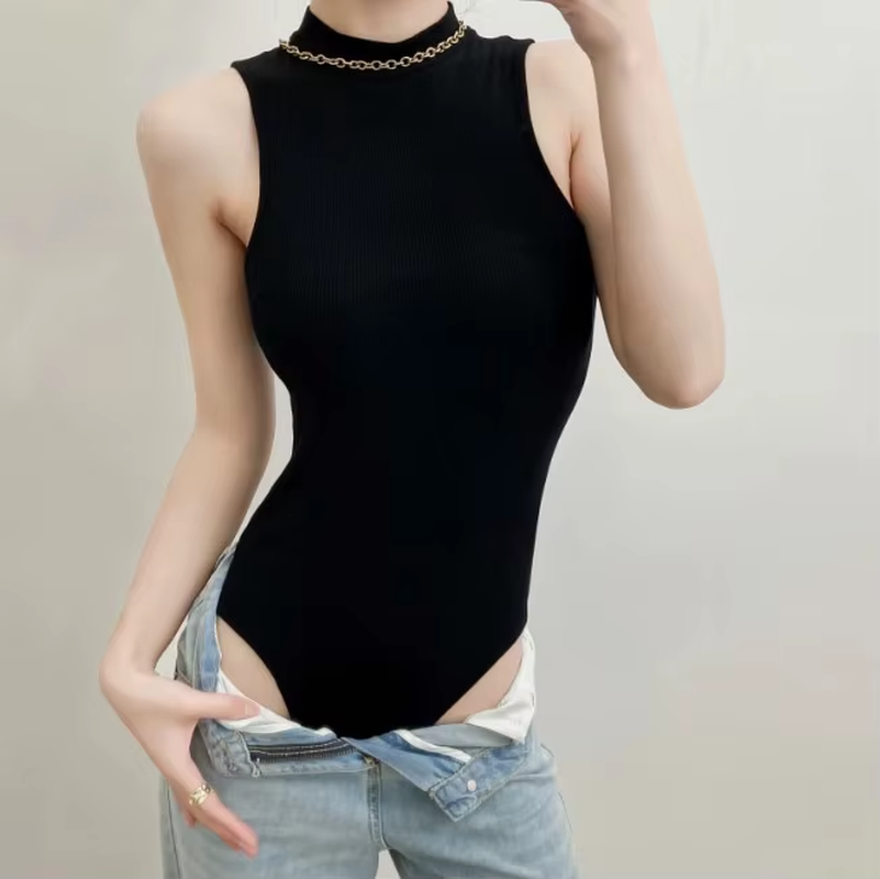 Pit Cotton Sleeveless Half High Neck Bodysuit Summer Formal One-Piece T-Shirt with Leggings Skinny Fit and Solid Color