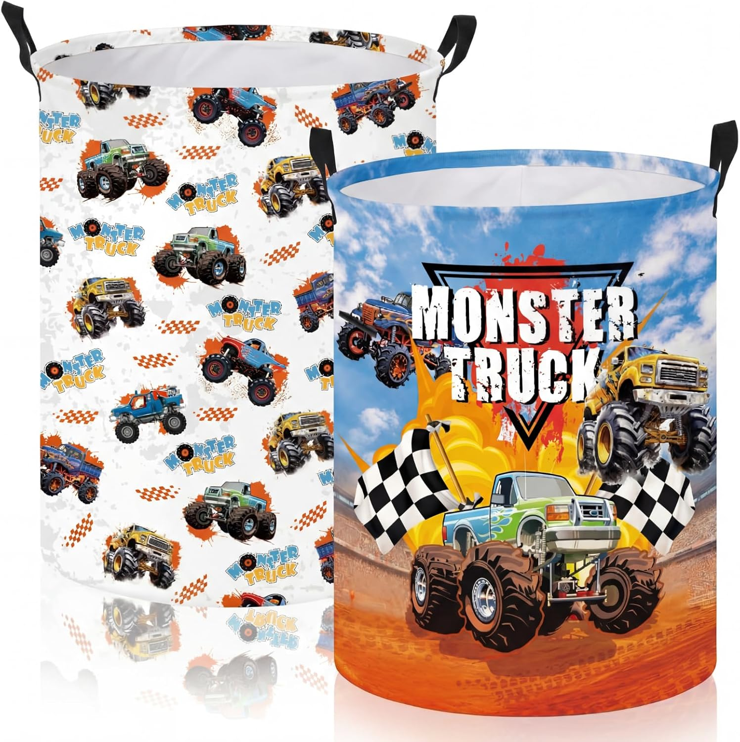 2 Pcs Monster Truck Laundry Hamper Basket Monster Truck Room Decor 19.7X14.6 Inch round Collapsible Toy Storage Organizer Clothes Basket with Waterproof Layer for Closet Bedroom Playroom
