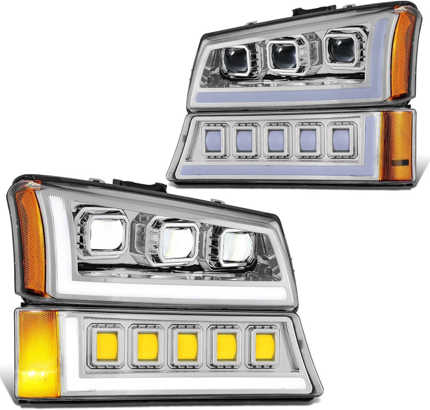 Pair Full LED Projector Sequential Headlights Compatible with 03-06 Chevy Silverado 1500 2500 3500 1500HD 2500HD, Start-Up Sequential DRL, Chrome/Amber, HL-HP8-CSIL03-4P-CH-AM