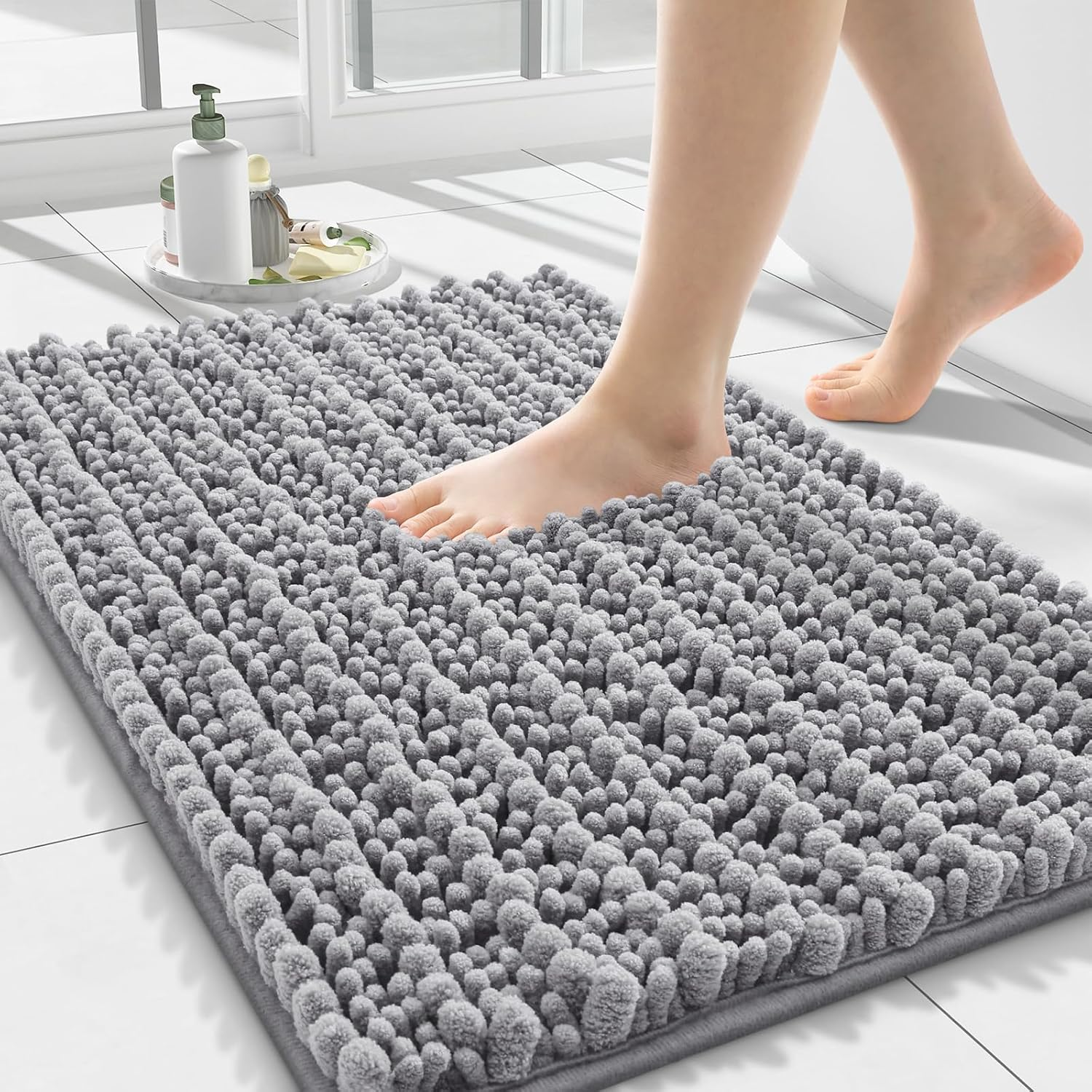 Bathroom Rugs Mat 24x16, Extra Soft Absorbent Chenille Bath Rugs, Non Slip Rubber Backing Machine Washable Quick Dry Bath Mats for Bathroom Floor, Tub, Shower, Home Decor Accessories, Grey