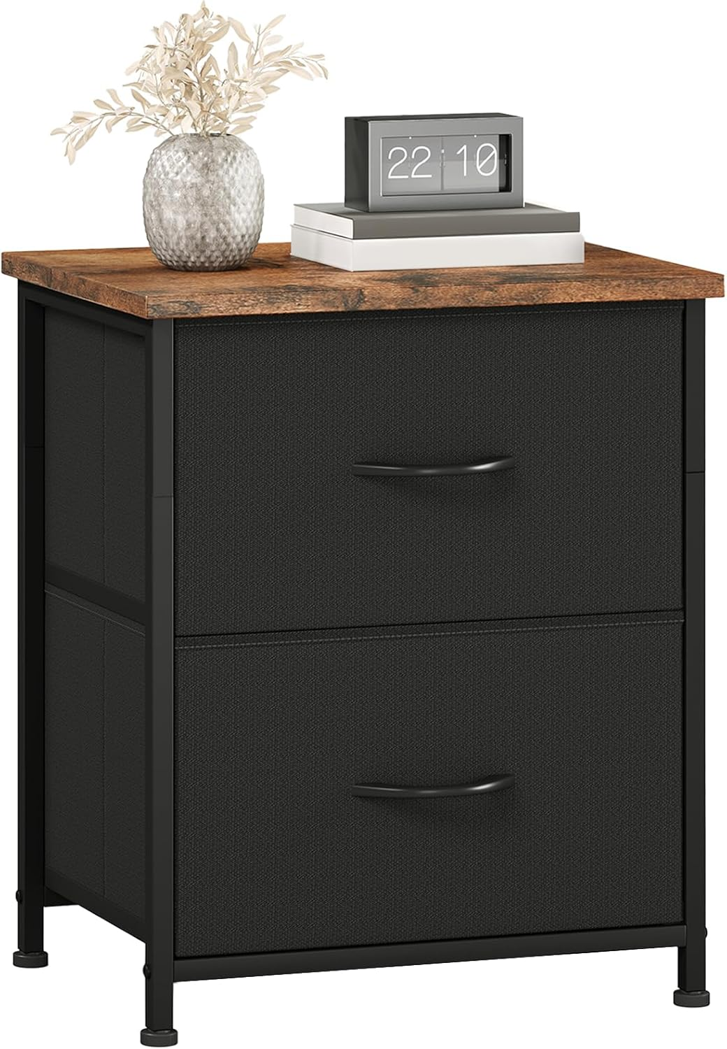 Nightstand, Small 2 Drawer Dresser End Table, Chest of Drawers, Bedside Table Night Stand End Table with Fabric Bins for Bedroom Kids Closet Dorm Guest Room, Black Rustic Brown