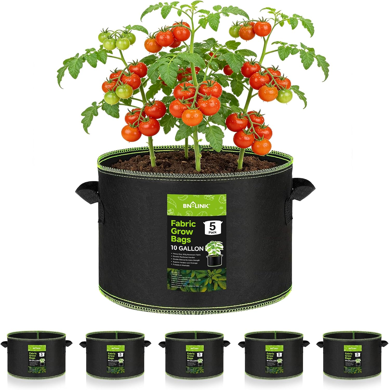 Bn-Link 5-Pack 10 Gallon Grow Bags, Heavy Duty Aeration Fabric Pots with Handles, Thickened Nonwoven Plant Bags for Vegetables, Flowers, Fruits