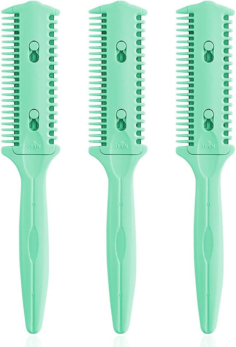 Haircut Razor Comb, 3 Pack - Double Sided Razor Hair Styling Scissors Comb, Split Ends Trimmer Styler for Thin and Thick Hair (Green, Metal, F, 3 Count)