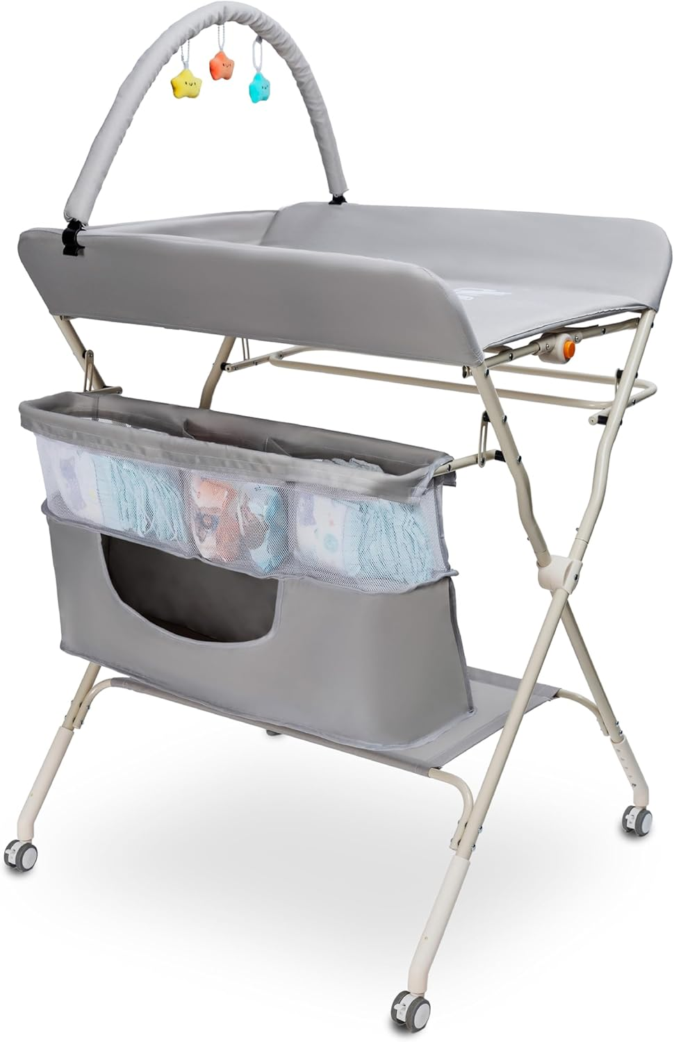 Baby Changing Table with Wheels, Folding Diaper Changing and Bath Station, Portable Change Unit Mat 5 Level Adjustable Heights, Nursery Nappy Storage Basket Hanging Racks for Newborn Babies