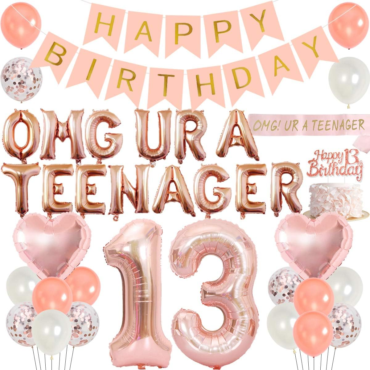 Teenager Birthday Party Decoration 13Th Birthday Party Decorations for Girls with Rose Gold 13Th Teenager Balloons Banner Sash Tinsel Cake Topper