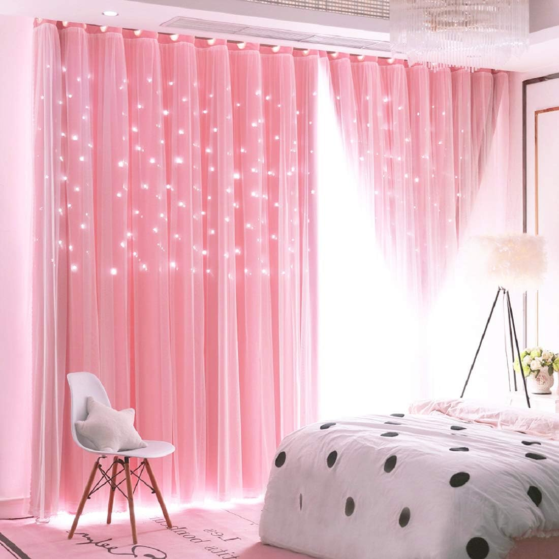 2 Panels Stars Blackout Curtains for Bedroom Girls Kids Baby Window Decoration Double Layer Star Cut Out Aesthetic Living Room Decor Wall Home Curtain,W52 X L63 Inches,Pink