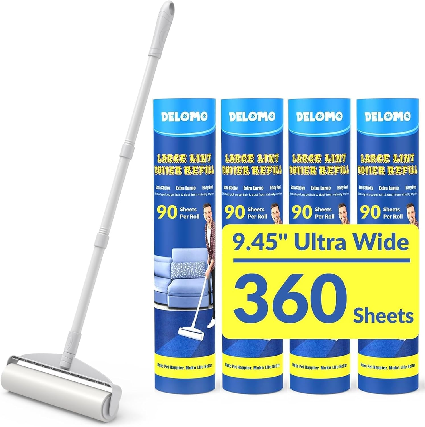Large Lint Rollers for Carpet: Sticky Rollers for Floor  9.45 in with 3 Extendable Handle, Long Handle Sticky Mop for Cleaning Carpets, Cars, Bedding, Couches, and Pet Hair - for Pet Homes