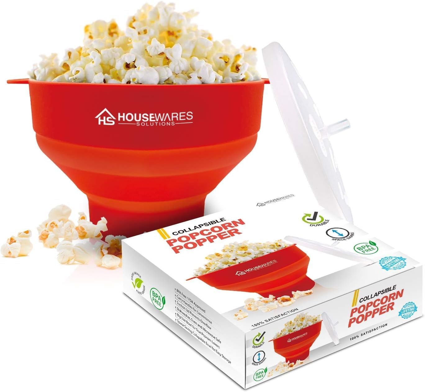 Collapsible Silicone Microwave Hot Air Popcorn Popper Bowl with Lid and Handles - Red