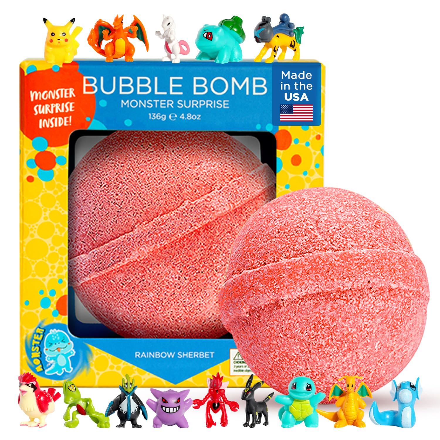 Poke Monster Bath Bomb for Kids with Surprise Toys inside (Gift Set) - Large Bubble Bath Bombs for Boys & Girls - Skin-Safe, Made in USA, Fruity Scents, Birthday Gift by Two Sisters