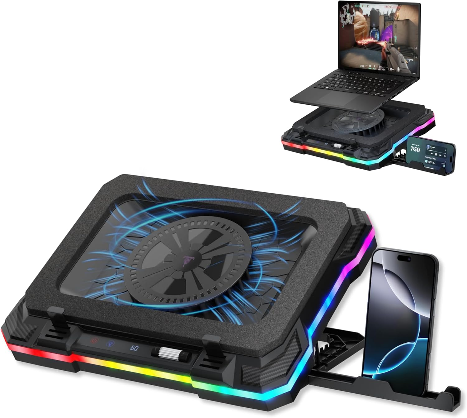 Gaming Laptop Cooling Pad with USB Hub - Boost Performance, Stay Comfortable - RGB Laptop Cooler Stand with Adjustable Height & Fan Speed, RGB, USB (C + A) Hub, for 15.6