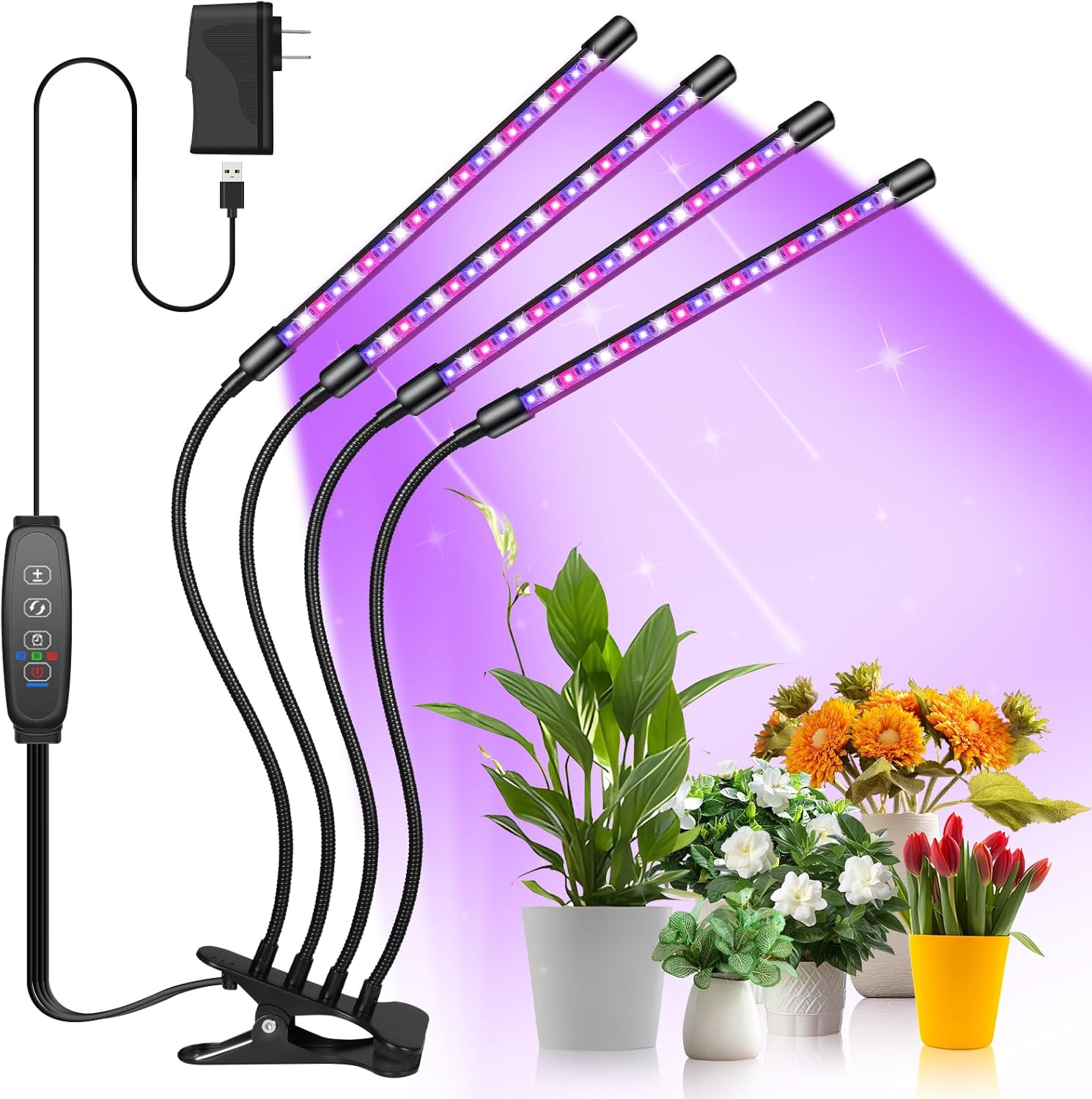 Grow Lights for Indoor Plants Full Spectrum, 80 LEDs Plant Light for Indoor Plants with 3/9/12H Timer, 4 Heads Clip On Plant Grow Light with 3 Modes, 20%-100% Brightness