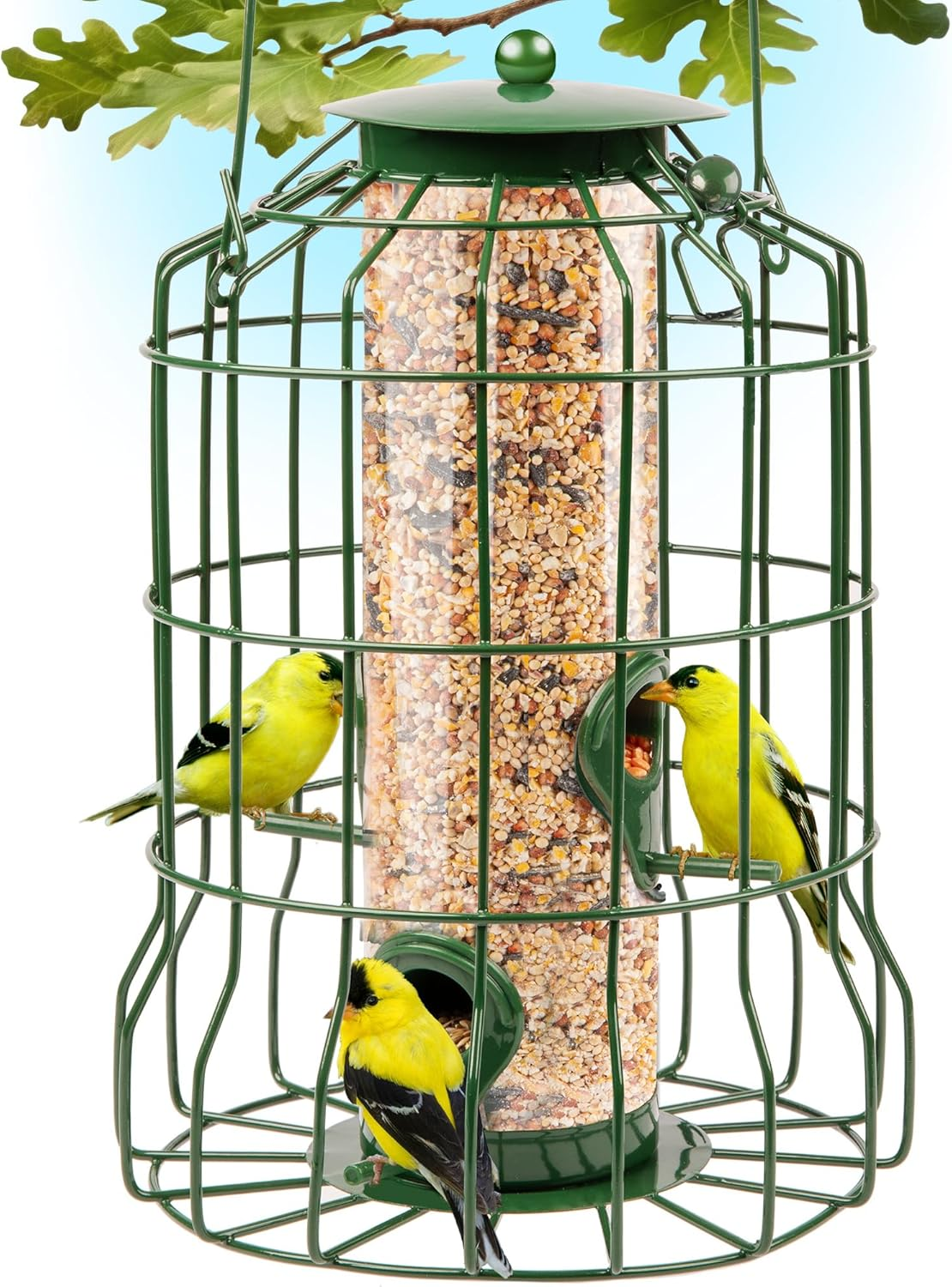 Squirrel Proof Bird Feeders for Outdoors Hanging (Metal Green) Bird Feeder with 4 Ports, Chew-Proof & Weather Resistant, Backyard Gift (10.25 X 6.25 X 6.25 Inches)
