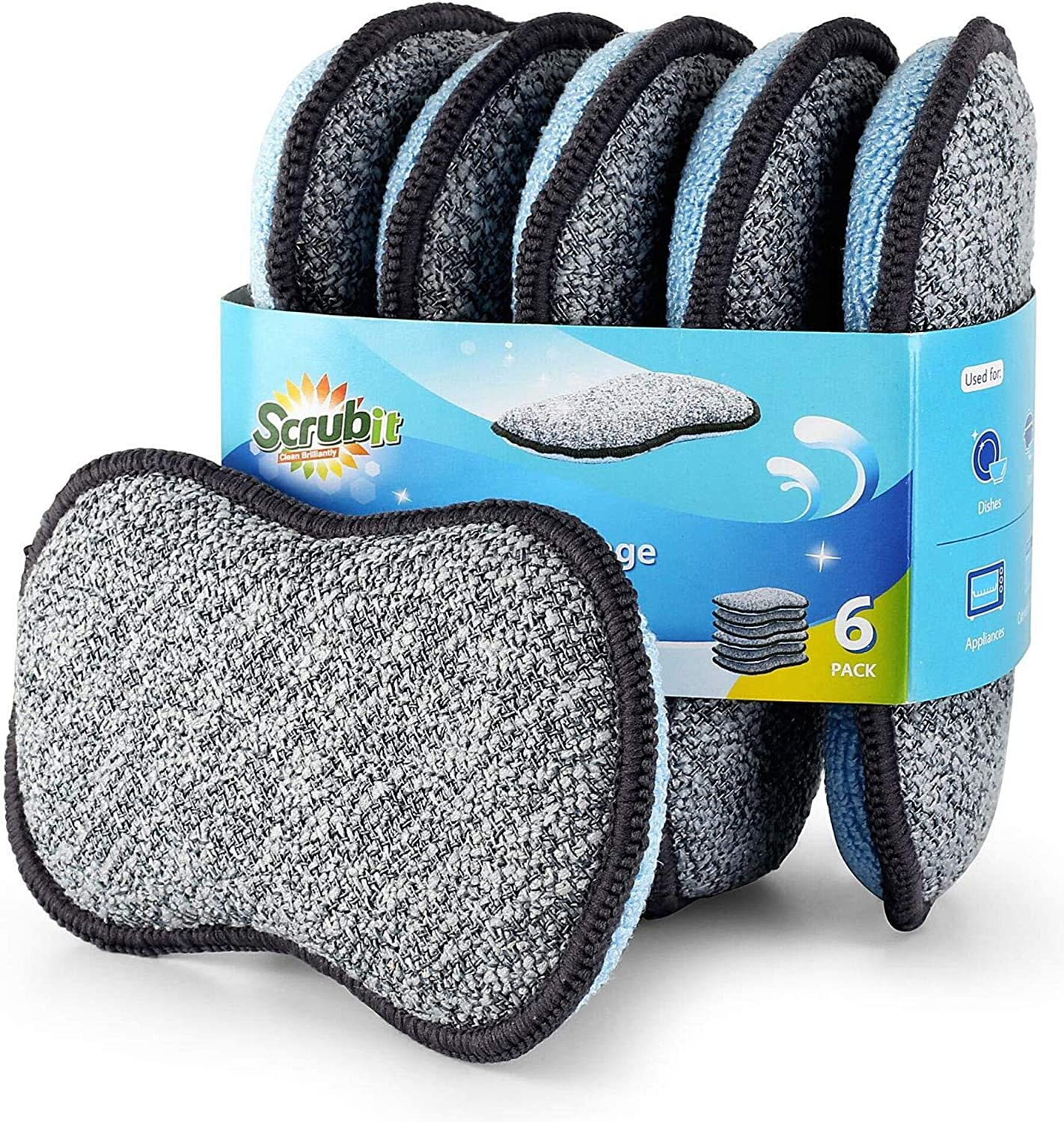 Multi-Purpose Sponges Kitchen by Scrub-It - Non-Scratch Microfiber Sponges for Cleaning, along with Heavy Duty Scrubbing Power - Reusable Dish Sponge for Dishes, Pots and Pans (6 Pack, Small)