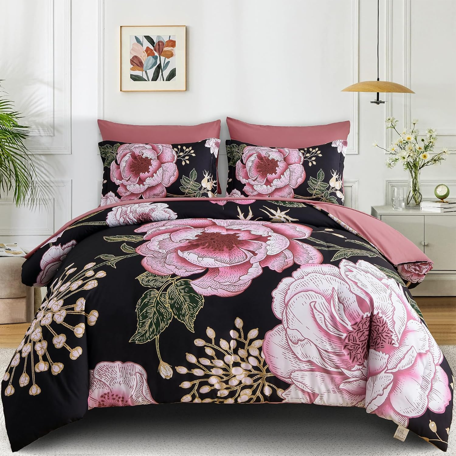 Floral Queen Comforter Set 7 Pieces Bed in a Bag, Pink Flower Print on Black Bedding Set, Soft Reversible Comforter with Sheet Set 90