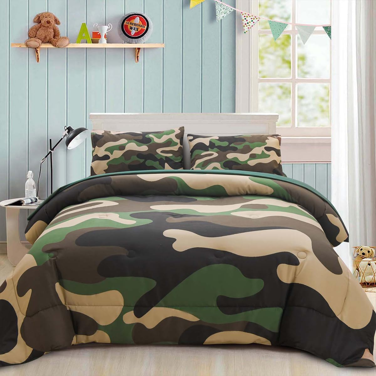 Twin Size Camouflage Bedding Comforter Set with Sheets, Boys Girls Men Camo Bed in a Bag 5 Pieces,Kids Teens Dorm Bed Sets Neutral Farmhouse Lodge Cabin Army Bedspread (Army Green, Twin)