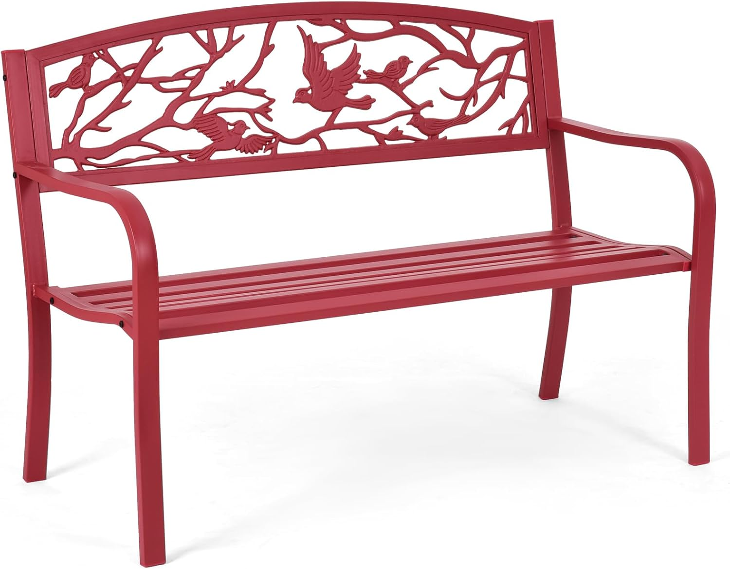 Metal Outdoor Garden Bench Park Bench, Patio Bench with Bird & Twig Cast Iron Back Pattern, Heavy-Duty Patio Chair with Back & Arms, Seats 2-3 Persons, for Porch, Yard, Park, Lawn, Porch