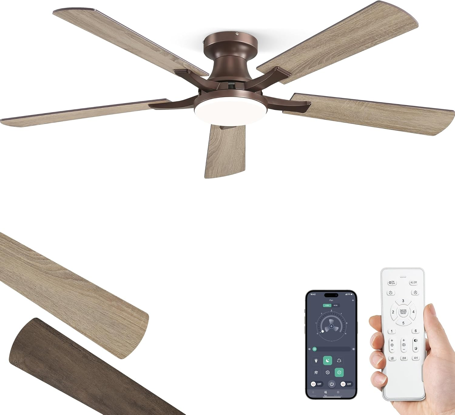 52 Inch Ceiling Fan with Light, App&Remote Control, Flush Mount Low Profile, Dimmable 20W LED Light, Quiet Reversible Motor for Bedroom, Living Room, Apartment, Brown
