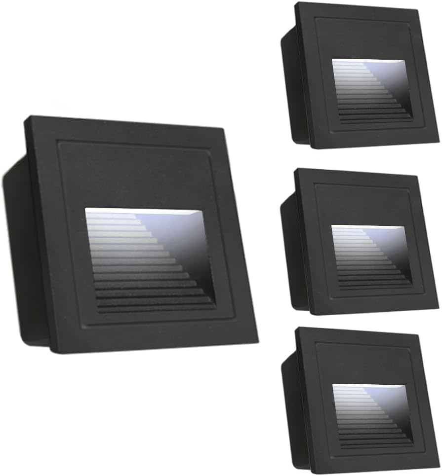 4 Pack Recessed LED Step Lights, 3W AC 220-240V Hardwired Stair Lights, IP65 Waterproof Aluminum Cool White 6000K, Outdoor/In-Ground Wall Mount for Garden Deck Patio Corridor Steps