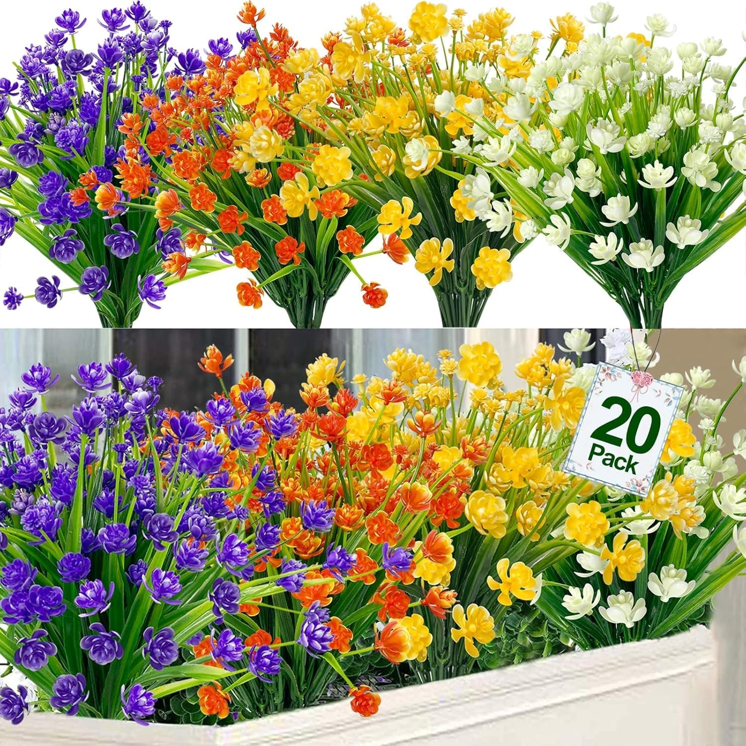 20 Bundles Artificial Flowers for Outdoors Fake  Summer Decor, UV Resistant Artificial  Cemetery Fake Flowers Faux Plastic Greenery Shrub for Home Porch Decor 580 Head(Mix Colors)
