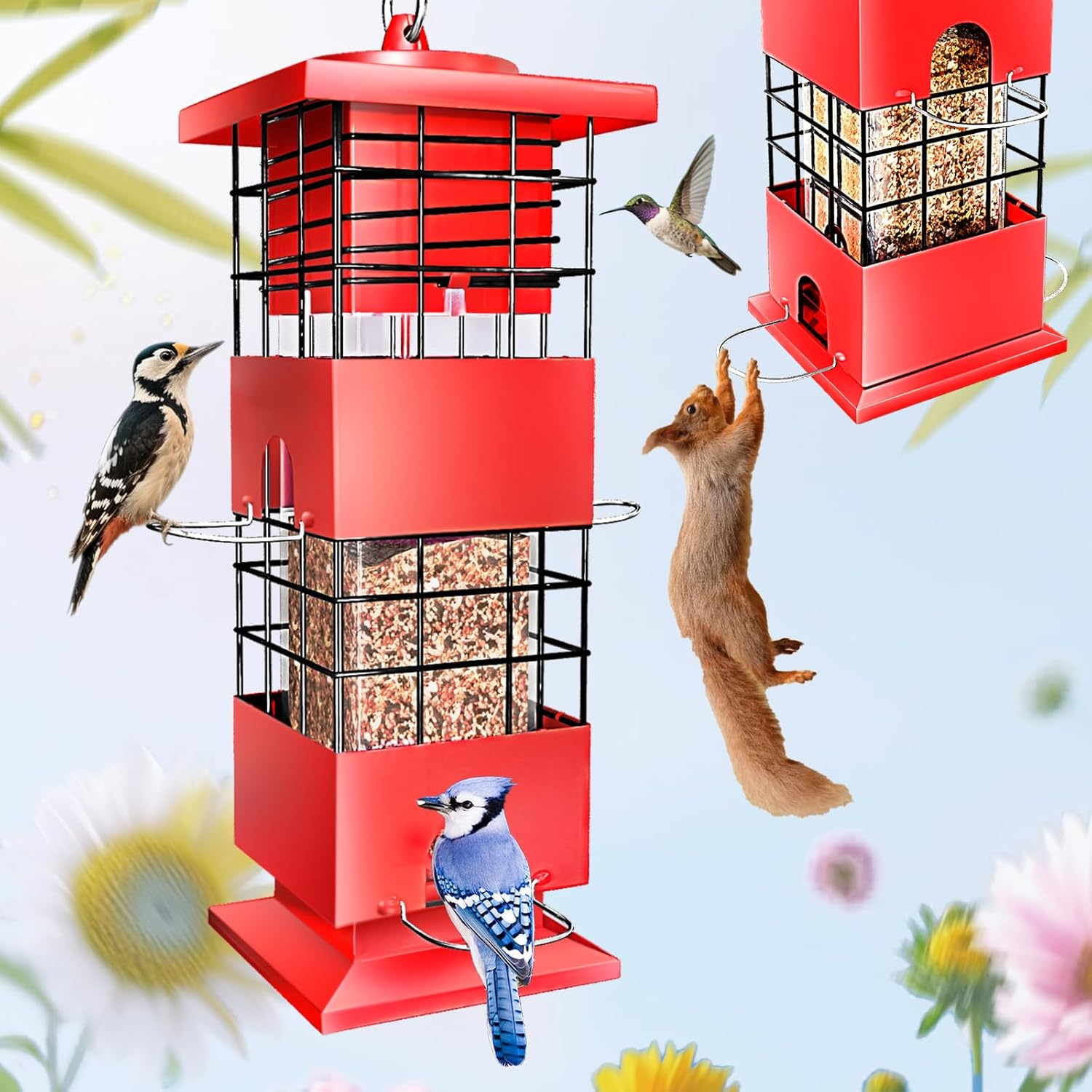 Bird Feeder Squirrel Proof for Outdoors Hanging, 3Lbs Metal Heavy Duty Birdfeeder with 4 Feeding Ports, Wild Birds Seed Feeder for Cardinal, Finch, Sparrow (Red)