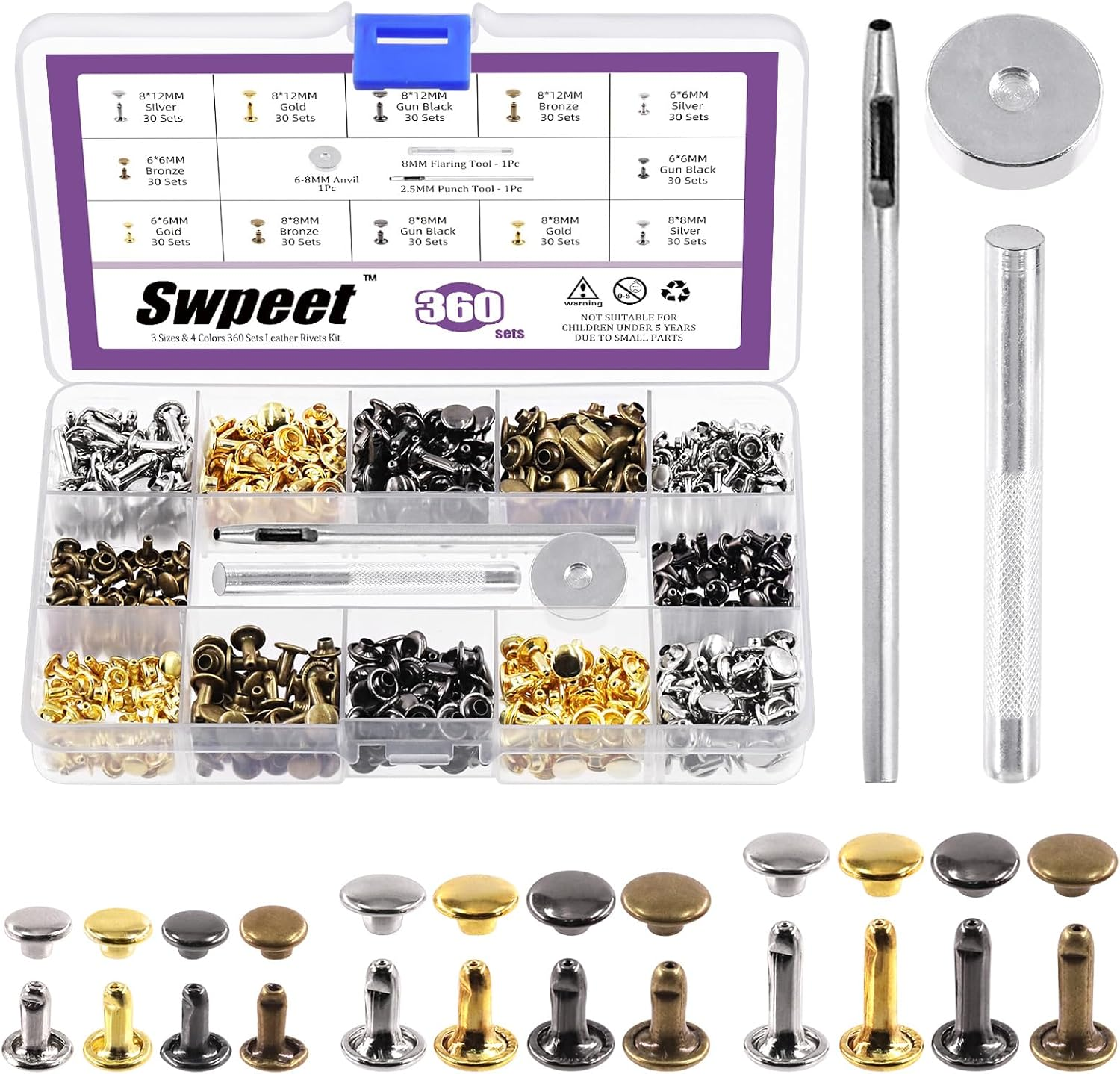 360 Sets 4 Colors 6mm 8mm 12mm Leather Rivets Double Cap Rivets with 3Pcs Fixing Tools Assortment Kit, Leather Rivets Double Cap Rivets Tubular for DIY Leather Craft Clothes Shoes