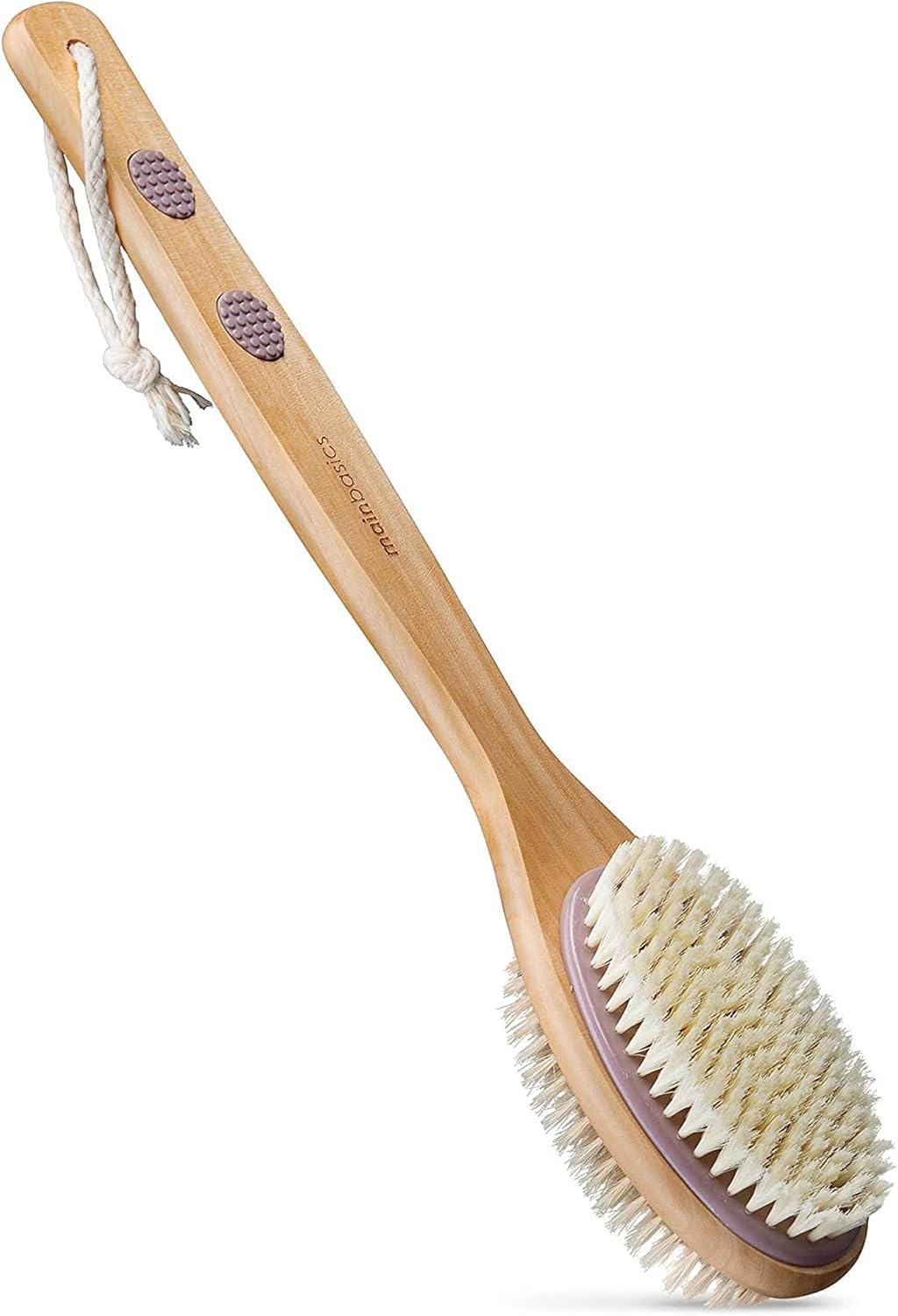Mainbasics Back Scrubber for Shower – Long Handle Dual-Sided Brush for Body Wash & Scrubbing with Exfoliating & Soft Bristles (Lavender, Wood)