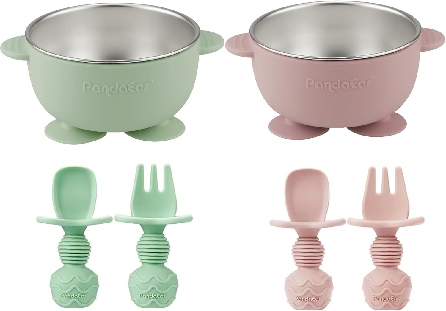 2 Pack Stainless Steel Baby Suction Bowls & 4 Pcs Silicone Baby Utensils Set, Non-Slip Toddler Food Bowls with Silicone Sleeve & Anti-Choke Spoon Fork Set for Babies Led Weaning