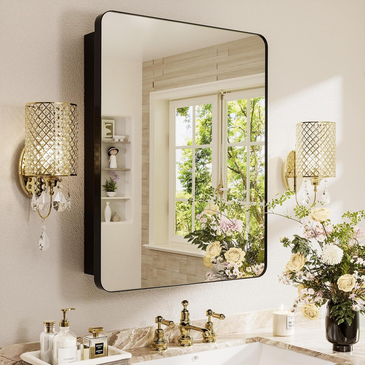 Medicine Cabinet with Mirror 16X24 Inch, Aluminum Bathroom Cabinet Recessed or Surface Mount, 8 Adjustable Glass Shelves, DTC Soft Close Hinge, Pre-Assembled, Matte Black