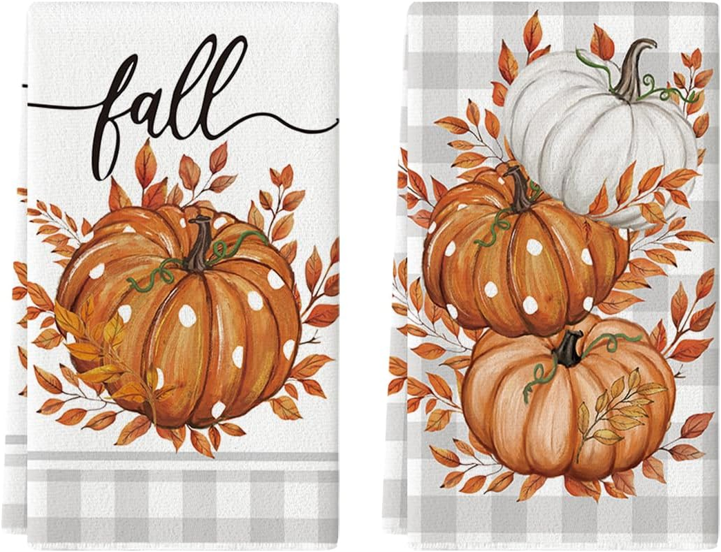 Orange Buffalo Plaid Leaves Pumpkin Fall Kitchen Towels Dish Towels, 18X26 Inch Farmhouse Decoration Hand Towels Set of 2