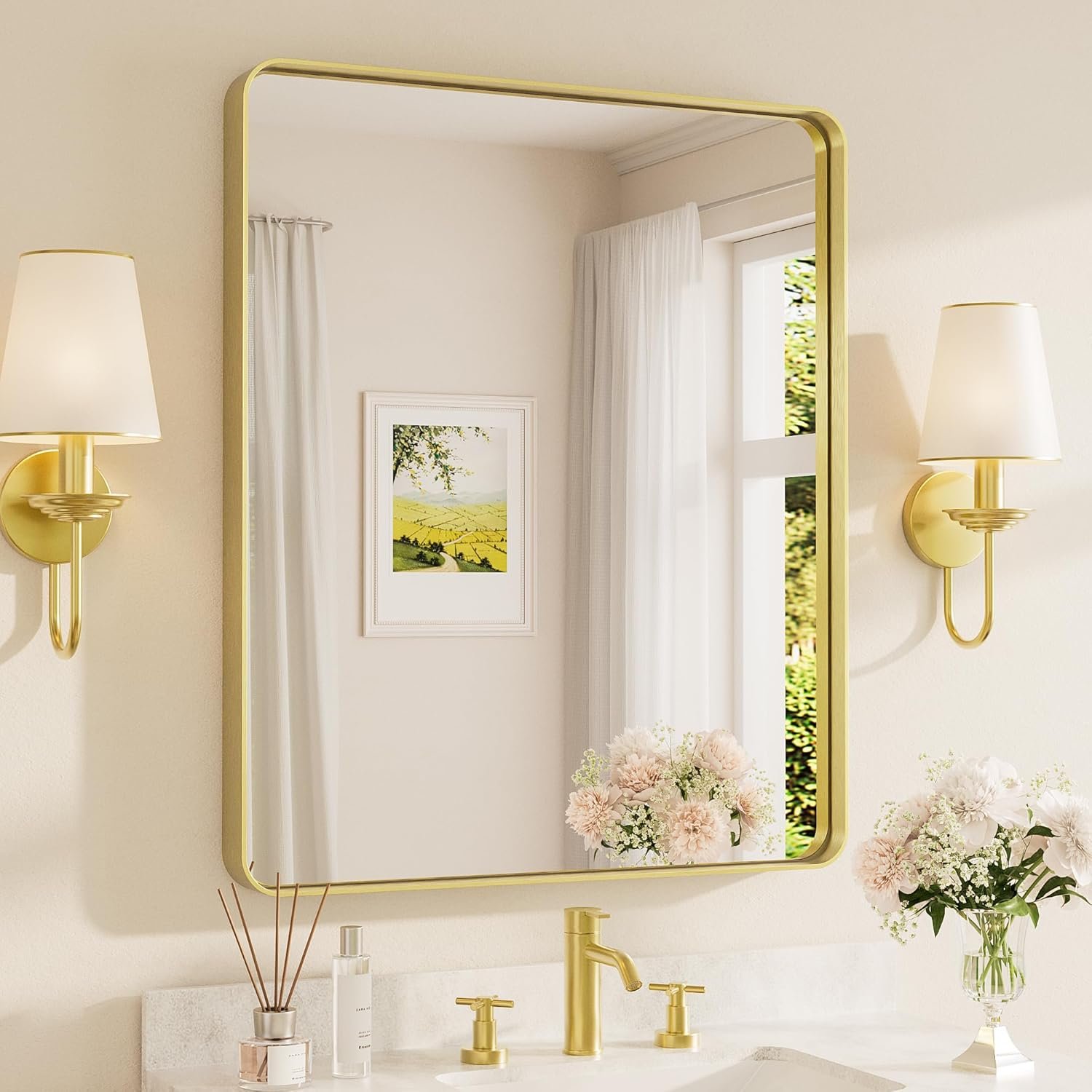 30 X 36 Inch Gold Mirror for Bathroom, Brushed Metal Frame Vanity Mirror, Brass Gold Rectangle Modern Decorative Wall Mirrors for Entryway Shatterproof (Horizontal/Vertical)