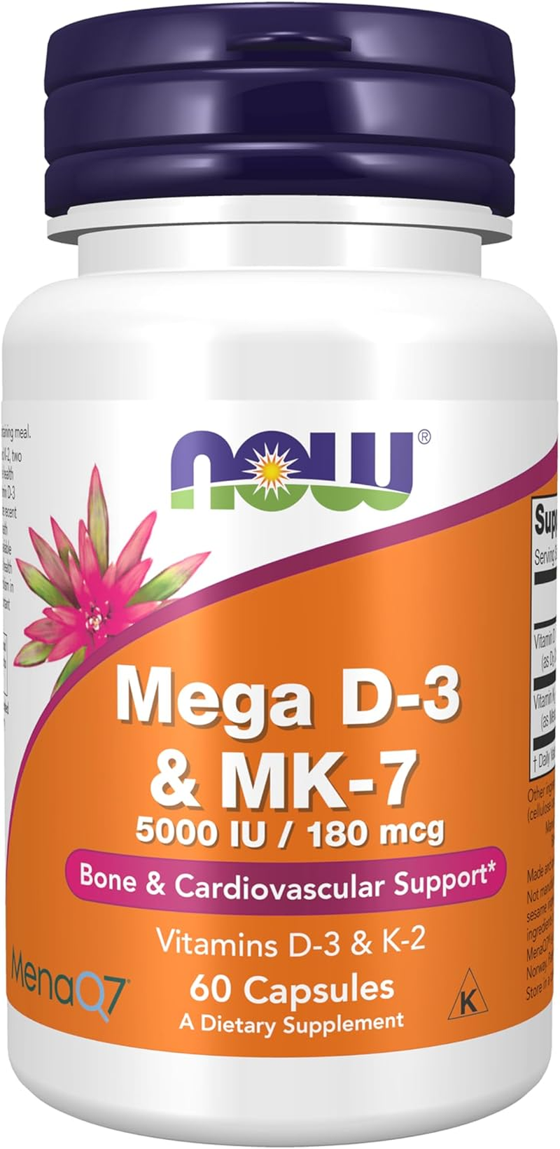 NOW Foods Supplements, Mega D-3 & MK-7 with Vitamins D-3 & K-2, 5,000 IU/180 Mcg, Bone & Cardiovascular Support*, 60 Veg Capsules
