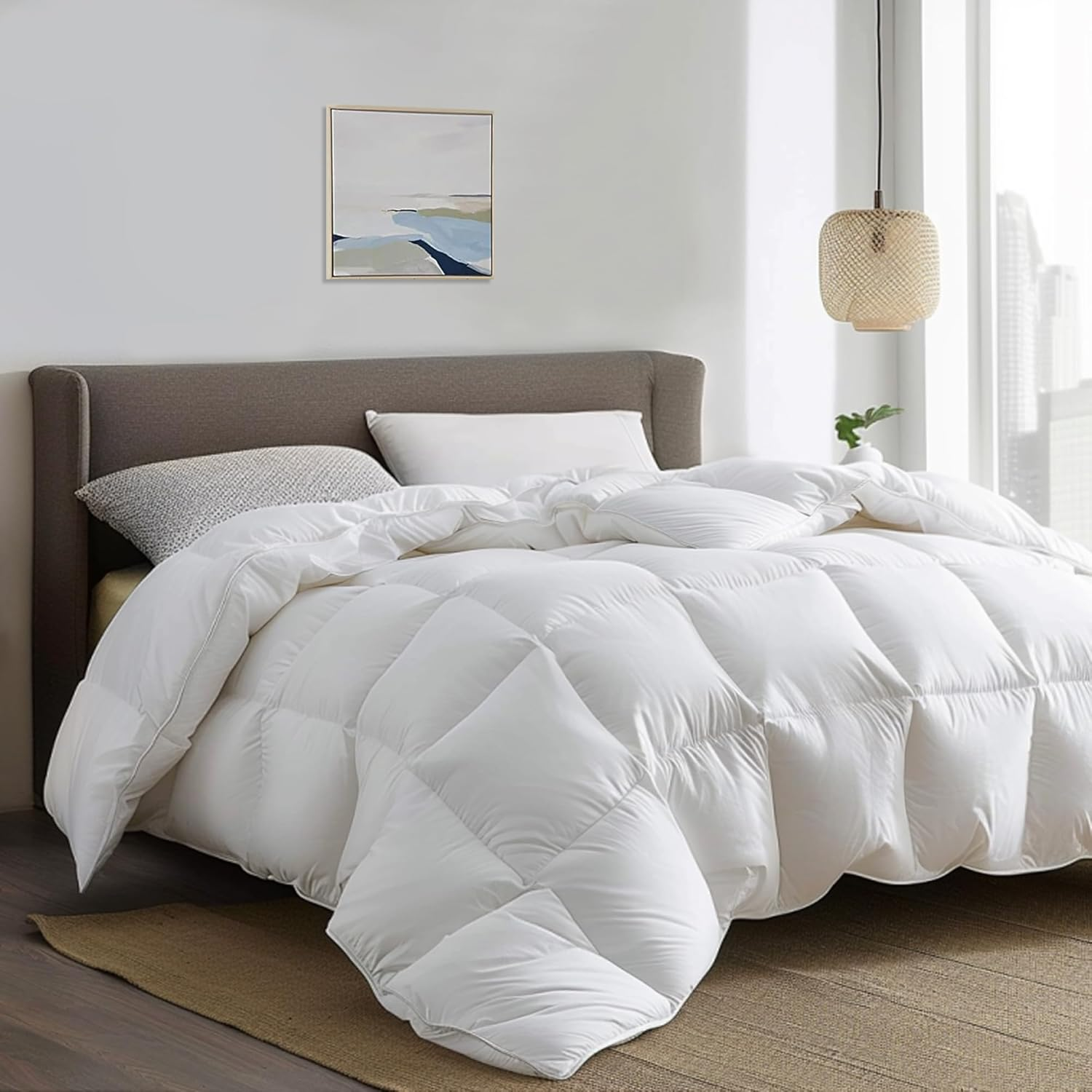 Serta down Fiber Comforter Queen Size-All Season Duvet Insert, Luxury Fluffy Bed Comforter 100% Cotton 300 Thread Count Shell, down Feather Fiber 500 Fill Power with Corner Taps, White 90X90Inch