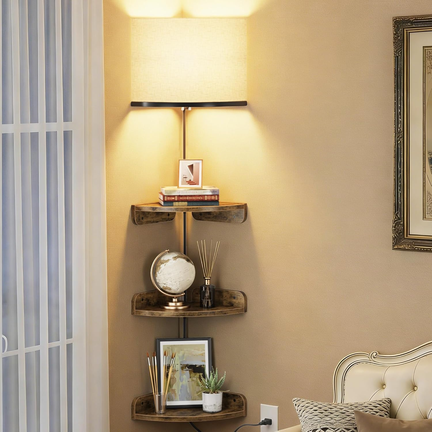 Corner Shelf Wall Mounted with Light, Set of 3 Corner Floating Shelves with Cord Hole for Cable Box, round End Wall Mounted Floating Shelf for Bedroom, Living Room and Kitchen, Rustic Brown