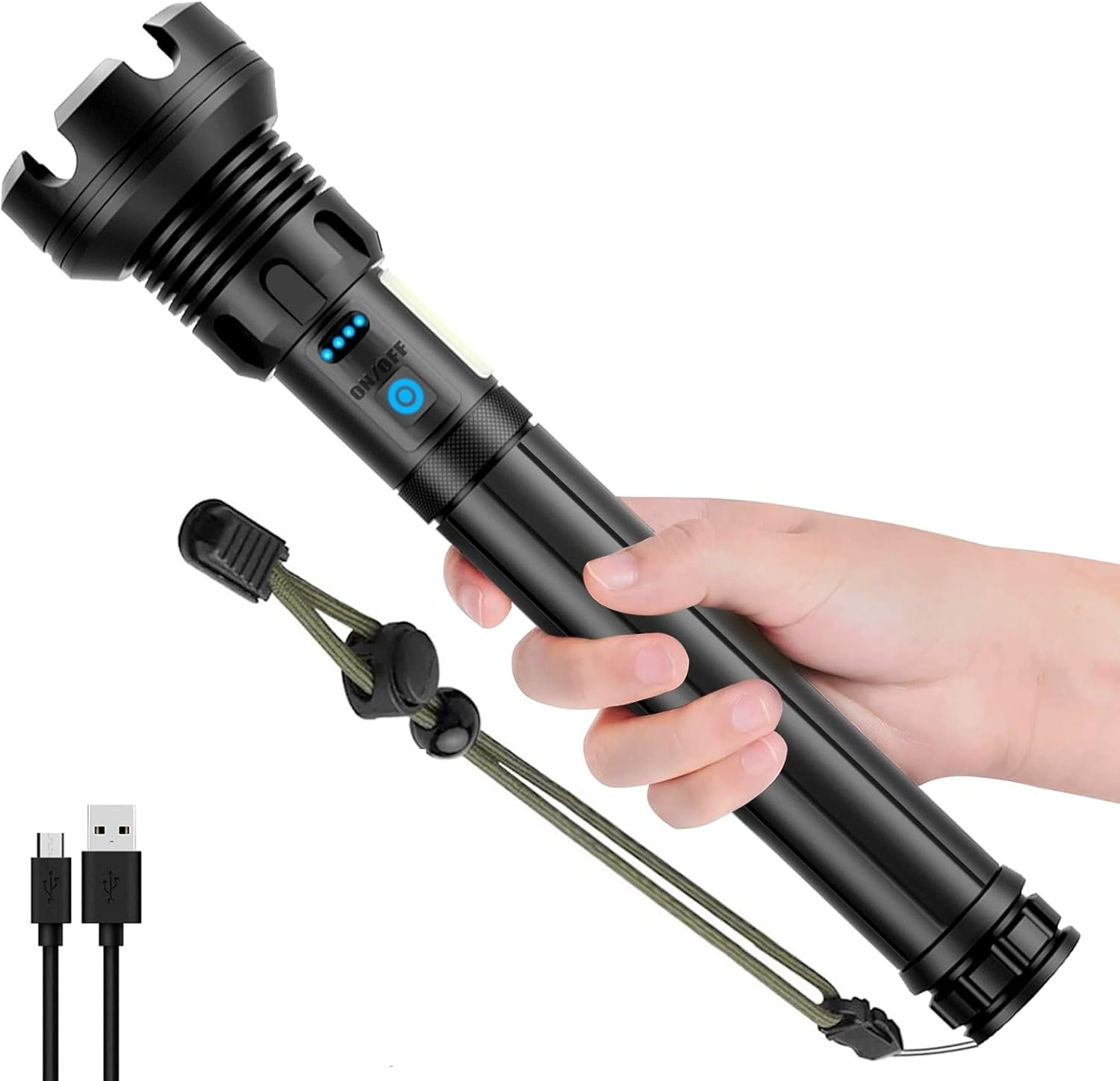 Led Rechargeable Tactical Flashlights High Lumens, Xhp90 Brightest Flashlight with Cob Sidelight, Powerful Emergency Flashlight with USB Output as Power Bank, Zoomable, Waterproof,7Mode