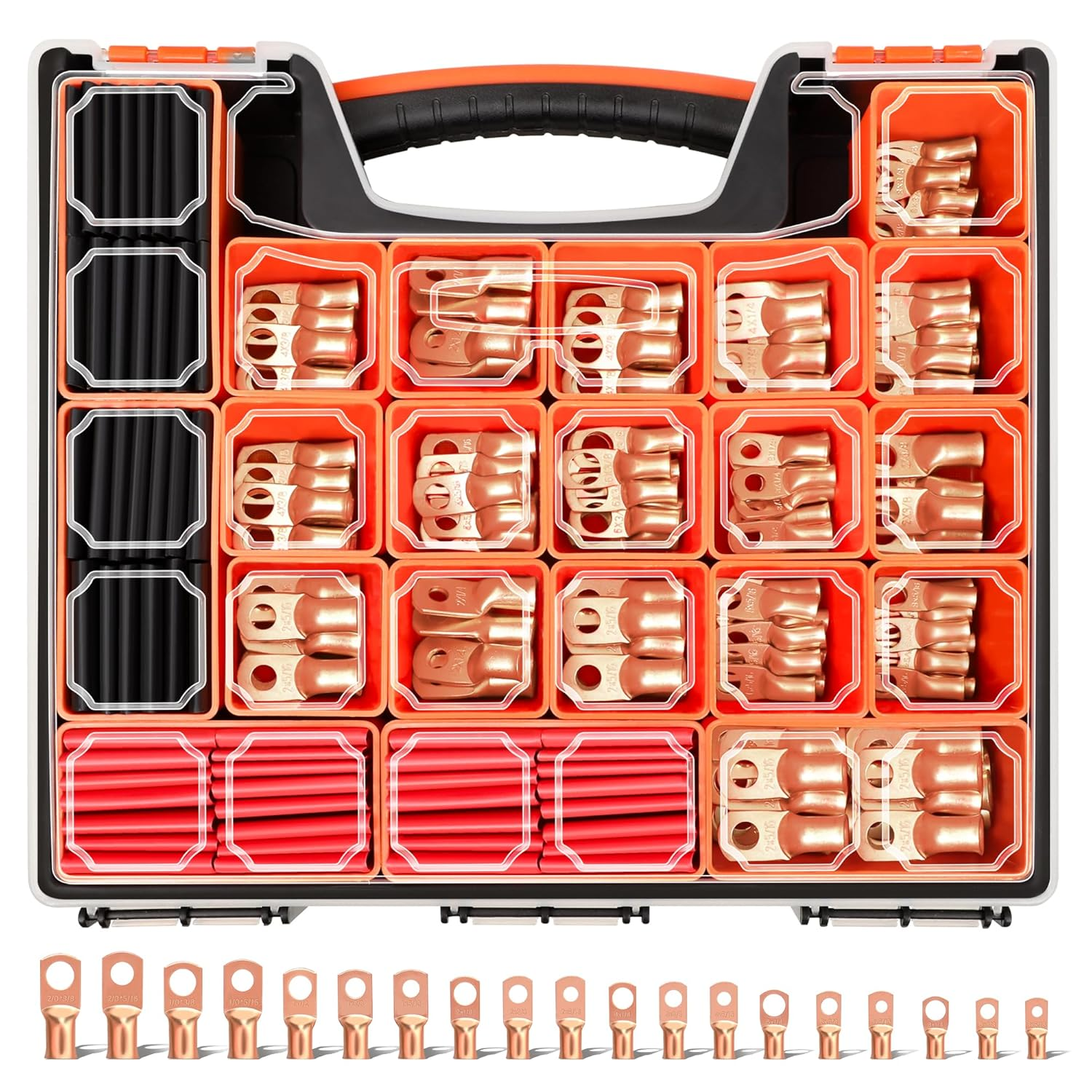 220PCS Battery Cable Ends 2/0 1/0 1 2 4 6 8 AWG Gauge, 110PCS Heavy Duty Copper Wire Lugs Kit, Battery Cable Terminal Connectors Assortment with 110PCS 3:1 Heat Shrink Tubing