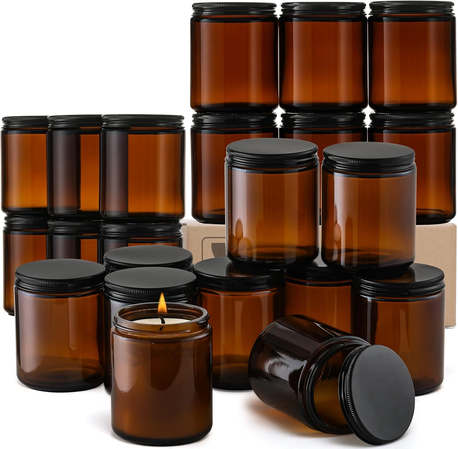 24 Pack, 8 OZ Thick Amber round Glass Jars with Black Metal Lids - Empty Candle Making Jar, Food Storage Containers, Canning/Mason Jar for Spice, Powder, Liquid, Sample - Leakproof & Dishwasher Safe