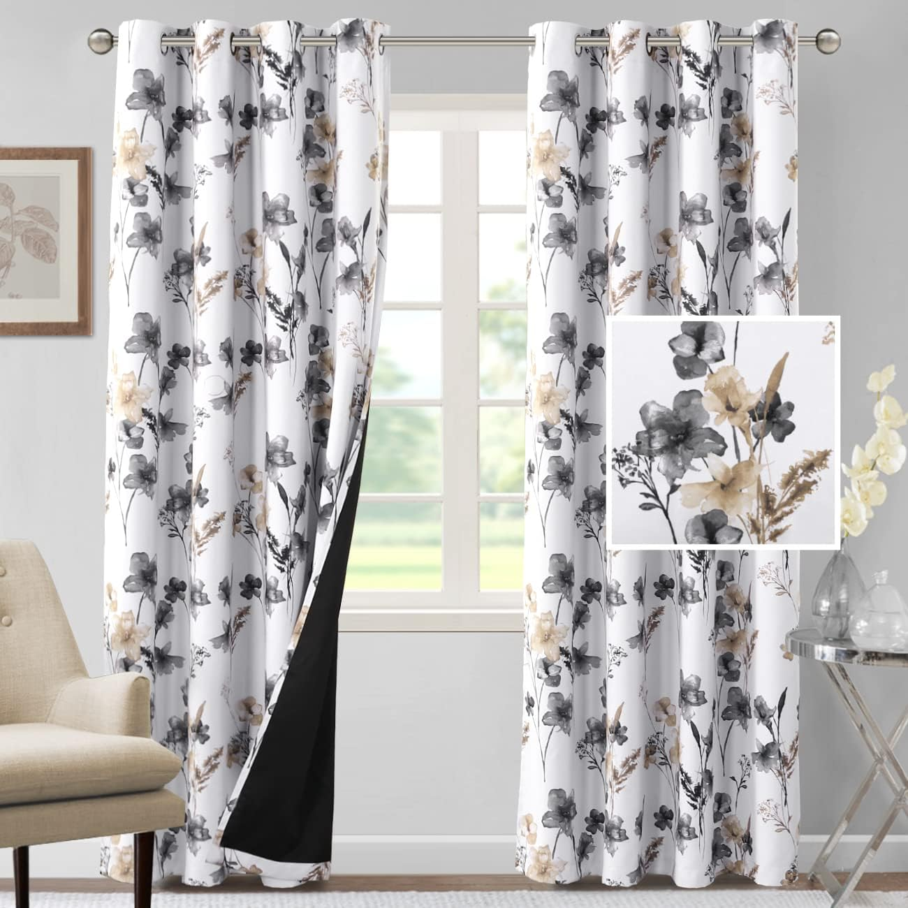 100% Blackout Curtains 84 Inch Length 2 Panels Set Cattleya Floral Printed Drapes Leah Floral Thermal Curtains for Bedroom with Black Liner Sound Proof Curtains, Grey and Taupe