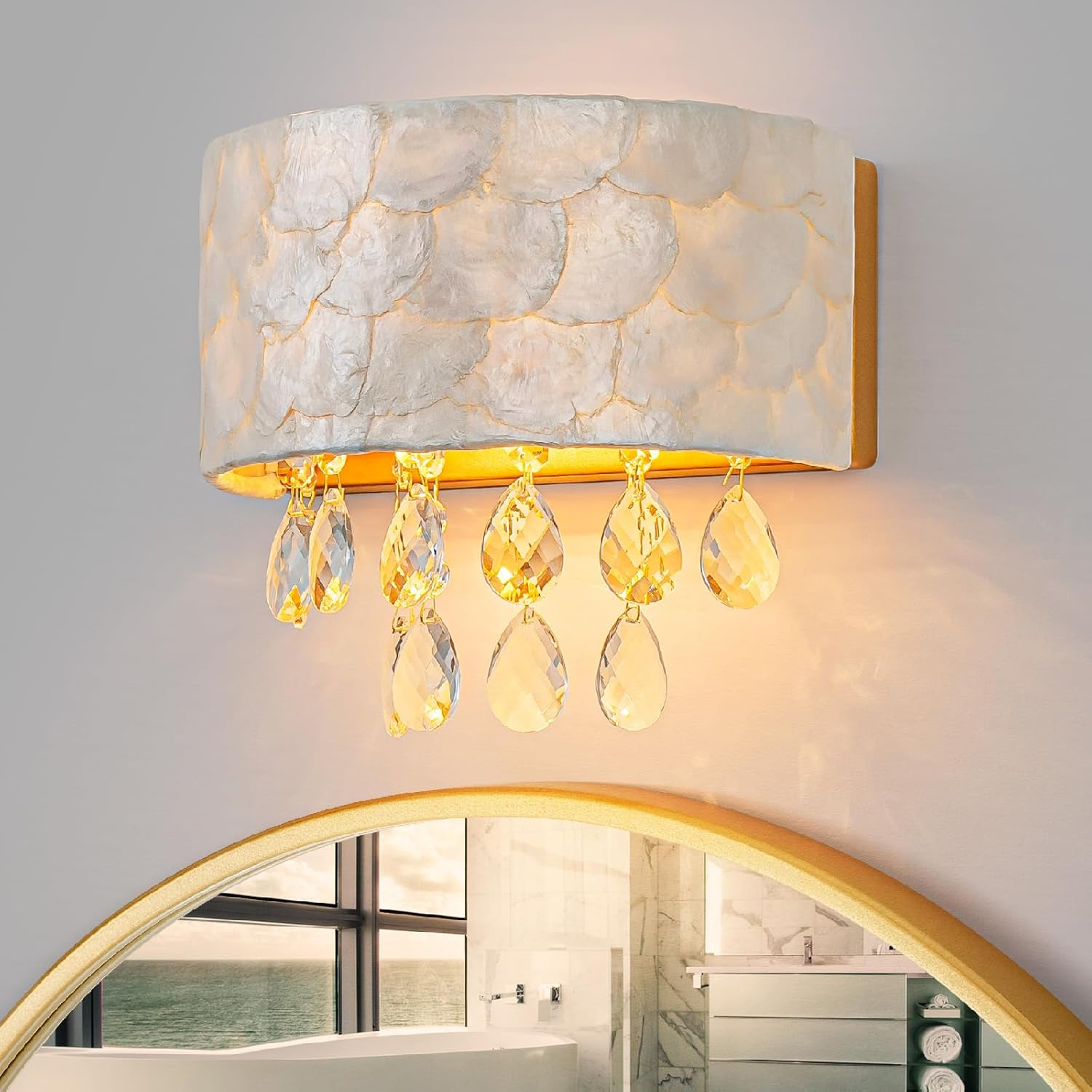 Coastal 2-Light Capiz Shell Wall Sconces with Crystal Pendants & Gold Finish