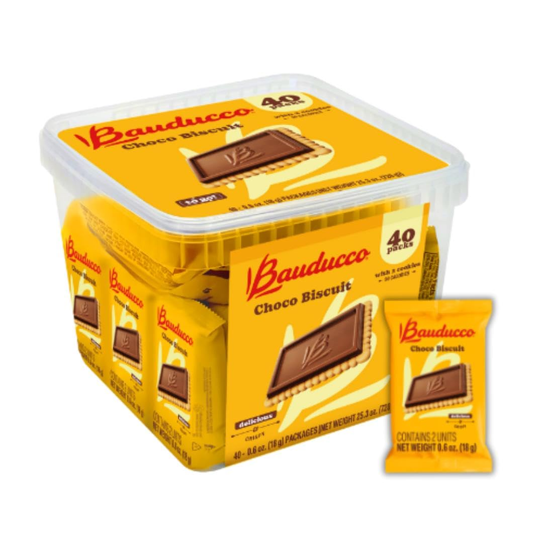 Bauducco Choco Biscuit Cookies, 25.3 Oz (Pack of 40) - Crispy & Delicious Chocolate Cookies, Individually Wrapped for Snacks, Dessert & Lunch Boxes - 2 Cookies per Pack