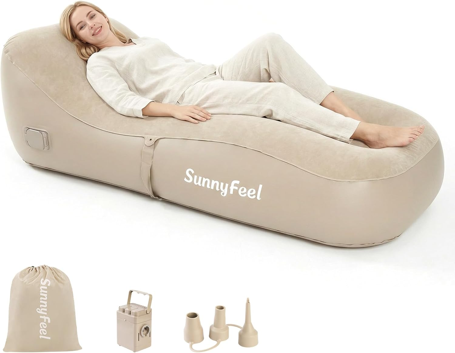 Inflatable Lounge Chair with Built-In Pump, Heavy Duty PVC Flocked Inflatable Sofa for Adults, Portable Air Lounger for Camping, Beach, Home & Outdoor,Beige