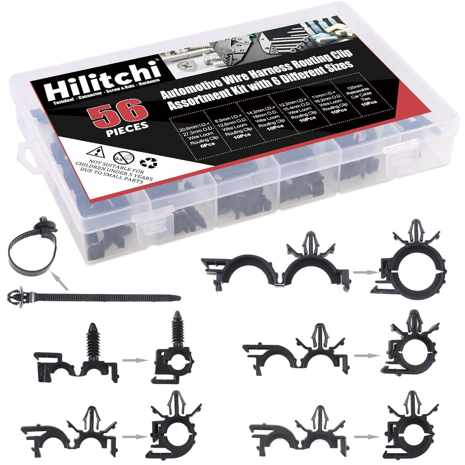 56 Pcs Automotive Wire Harness Routing Clip Assortment Kit with 6 Different Sizes Wire Loom Routing Clips for Honda GM Mazda